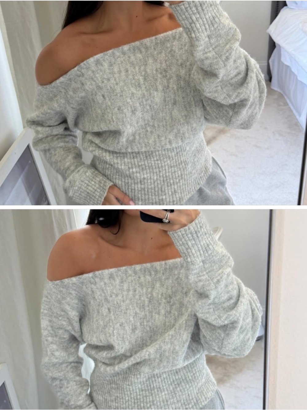 Off-Shoulder Light Gray Women's Sweater